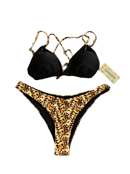 shekini Other - Shekini XL Leopard Print Bikini Set NWT Black Triangle Tie Back Swim
